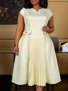 Plus Size Women A Line Casual Dress, V Neck Cap Sleeves, Faux Pocket, High Waist Slim Fit, Pleated Skirt, Wedding Guest Office Daily Cocktail Party Spring Autumn Wear