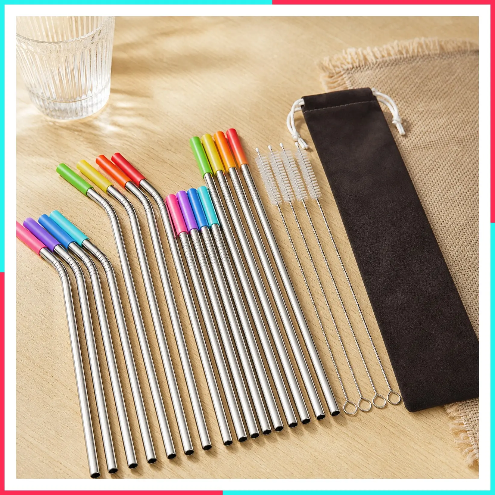 Set of 16 Reusable Stainless Steel Drinking Straws with Travel Case, Cleaning Brush, and Silicone Tips - Eco-Friendly Extra Long Metal Straws for 20, 24, 30 oz Tumblers, Silver