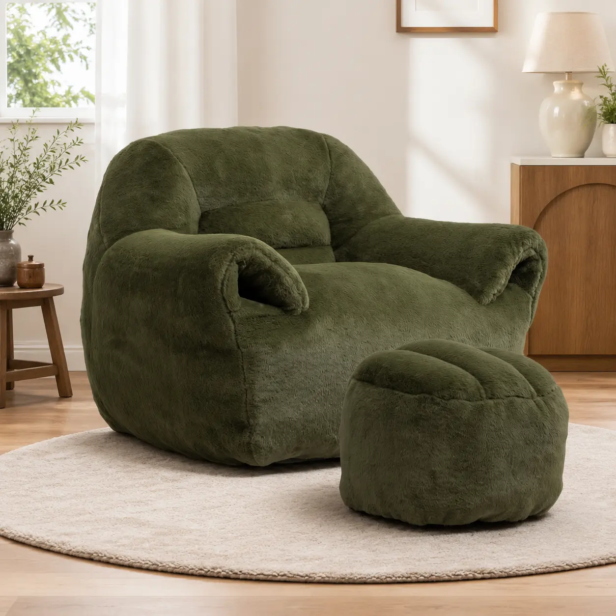 Littleox Foam-Filled Faux Fur Beanbag - Lazy Sofa Beanbag with Back Support & Footstool, Adult Indoor Living Room Bedroom Furniture, Green