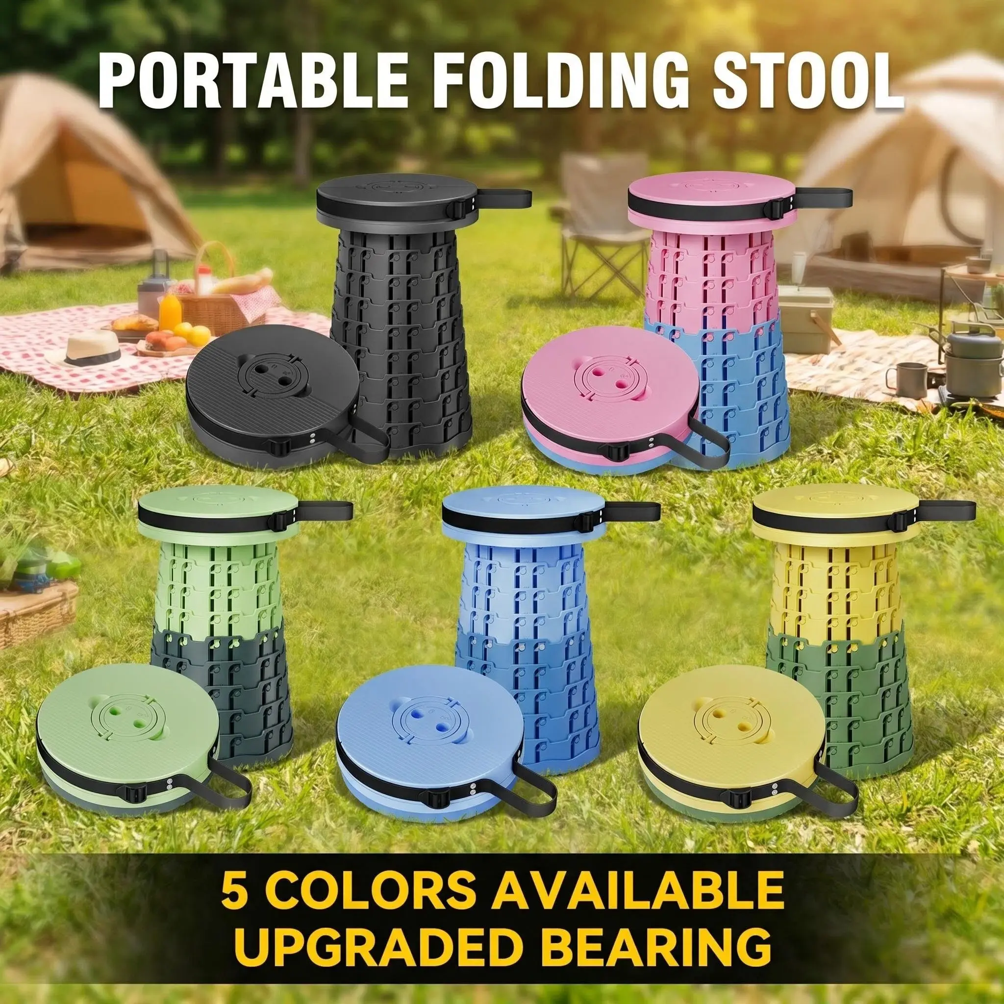 New Upgraded Telescoping Stool 550lb, 28cm Extra Large Seat, Portable Adjustable Height Folding Stool for Outdoor Activities, Camping Stool