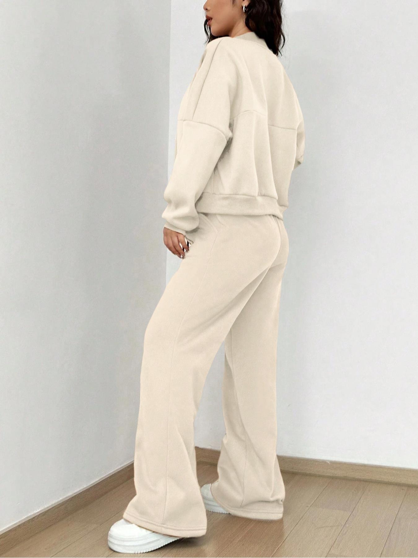 【LovelyWholesale】Women's Casual Striped Long Sleeve Zipper Jacket and Pants Set, Airport Wear, Fitted Natural Waist,Ladies Clothes for All Seasons