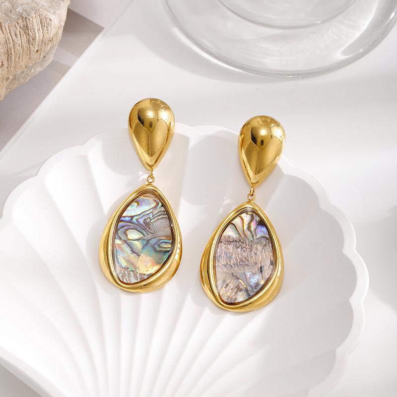 European and American geometric water drop shell earrings for women, niche high-end light luxury earrings, stainless steel abalone shell earrings, not easy to fade