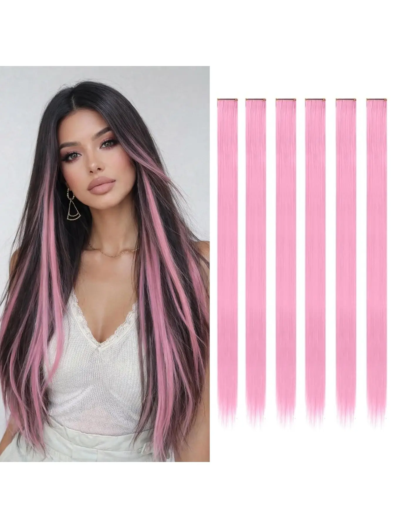 Colorful Clip-In Synthetic Hair Extensions - 6Pcs Pink Highlights Straight Hair Pieces 20inch Natural Stylish Ear-Hanging Dye Hair Extensions, Perfect for Women's Celebrations, Gatherings, Parties, and Festivals