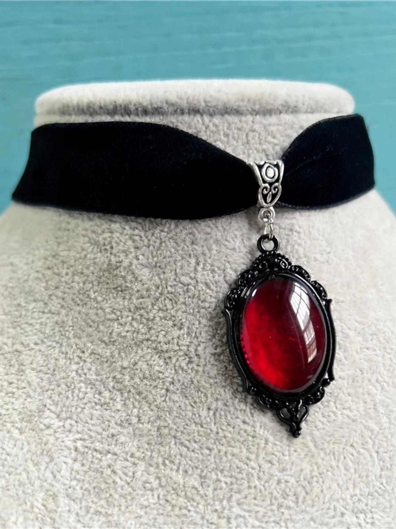 Gothic Retro Waterdrop Artificial Gem Decor Pendant Velvet Choker, Faux Gemstone Pendant Necklace, Fashion Jewelry Accessories For Women As Gift, Statement Necklace, Elegant Necklace, Gothic Witch Jewelry