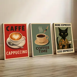 3-piece set, Cappuccino Coffee Time wooden framed canvas wall art - vintage coffee-themed decorative painting, suitable for cafes, restaurants, and home decor |   Interior mural decoration |   Coffee-themed artwork with wooden frame