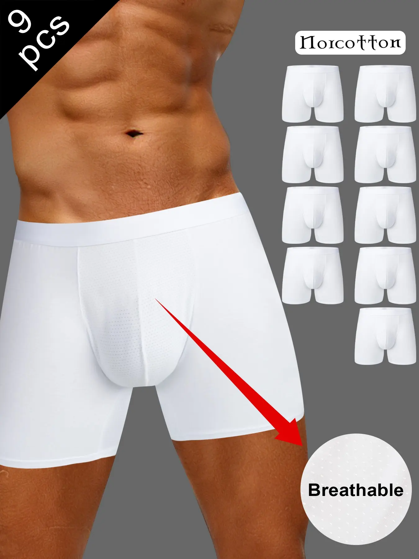 Norcotton 9-Pack Men's Long Sport Underwear, Solid Color, Breathable Ice Silk Crotch, Ideal for Gym and Daily Wear