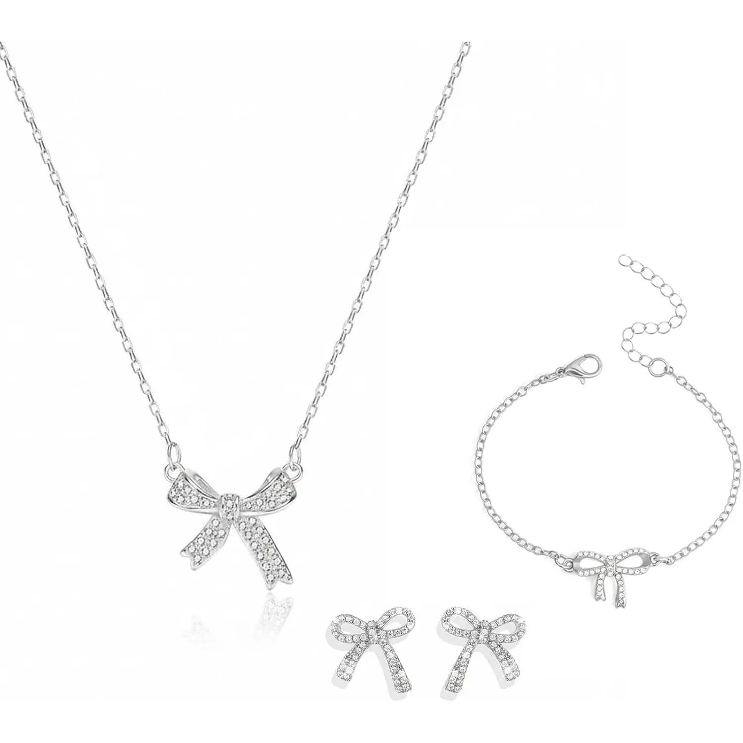 3 count Bow  Set, Necklace Bracelet Earrings with Rhinestone | Bow necklace, bracelet & earrings, rhinestone ribbon-knot design,prom & party wear,-  set