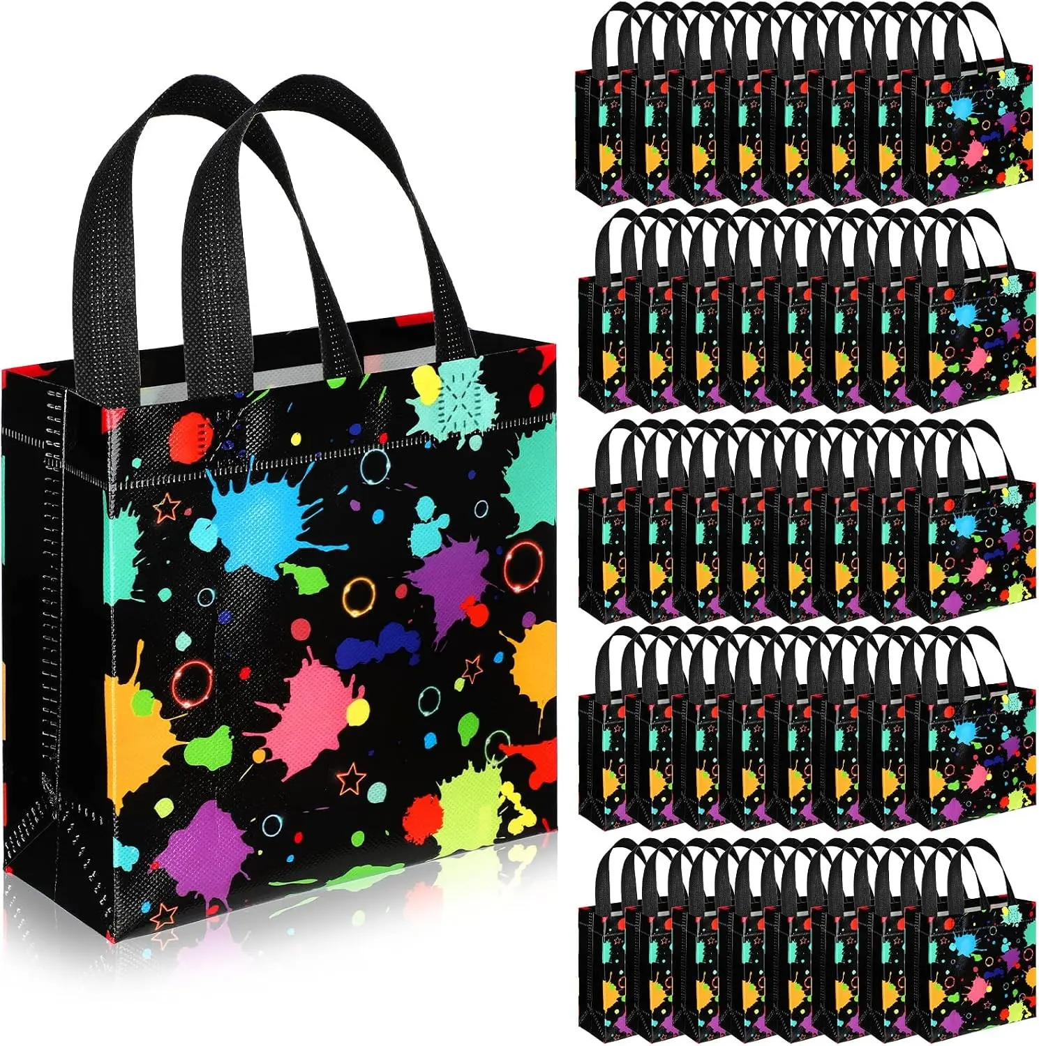 40 Pcs Glow in The Dark Neon Theme Decor Reusable Candy Tote Bag Bulk Birthday Snack Gift Bags Glow Party Gift Treat Bag with Handles Non Woven Goodie Bags for Party