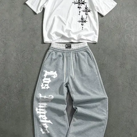 American Gothic Pattern Letter Print Short Sleeve Tee Set, Unisex Fashion Casual Two‑Piece, Wide Leg Pants Drawstring Waistband