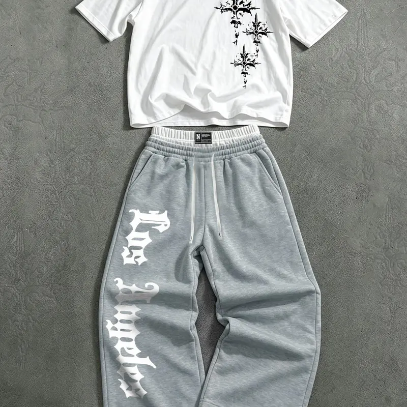 American Gothic Pattern Letter Print Short Sleeve Tee Set, Unisex Fashion Casual Two‑Piece, Wide Leg Pants Drawstring Waistband