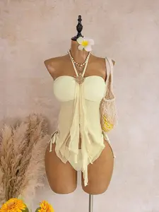 Cream Halter Neck Floral Metal Buckle Ruffle Mesh Swimwear, Belly Conceal Side Drawstring Triangle Bikini Set, Resort Spa Two-Piece