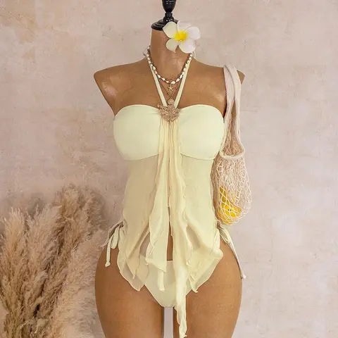 Cream Halter Neck Floral Metal Buckle Ruffle Mesh Swimwear, Tummy-Concealing Side Drawstring Triangle Bikini Set, Resort & Spa Two-Piece, Summer Beach Swimsuit, Bikini Swimsuit Outfit