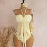 Cream Halter Neck Floral Metal Buckle Ruffle Mesh Swimwear, Tummy-Concealing Side Drawstring Triangle Bikini Set, Resort & Spa Two-Piece, Summer Beach Swimsuit, Bikini Swimsuit Outfit