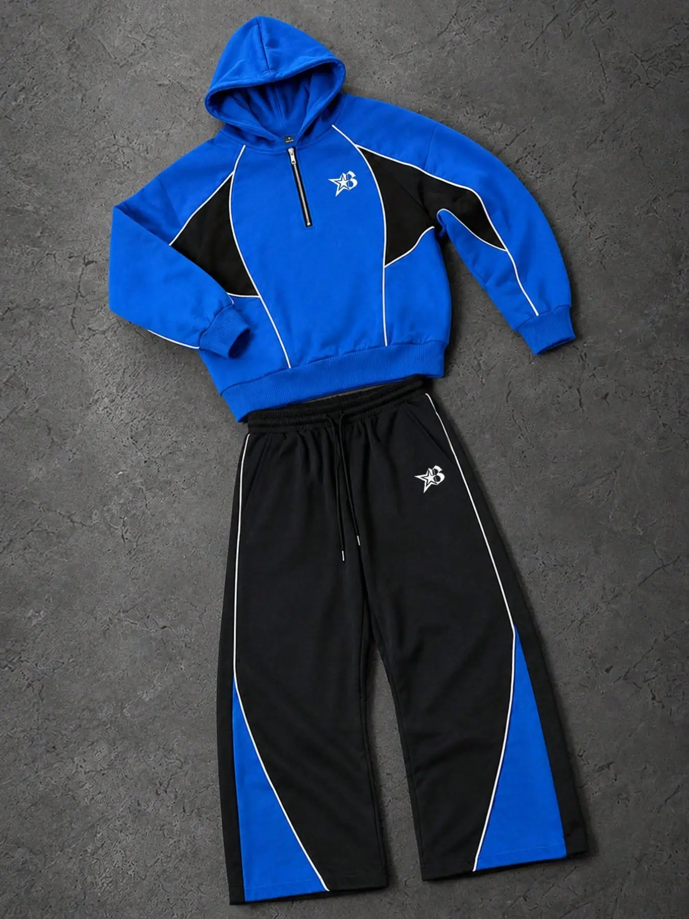 Y2K Streetwear 2 Piece Tracksuit Set Unisex Color Block 1/2 Zip Hoodie and Wide Leg Sweatpants with Contrast Piping Star Graphic Racing Core Casual Outfits