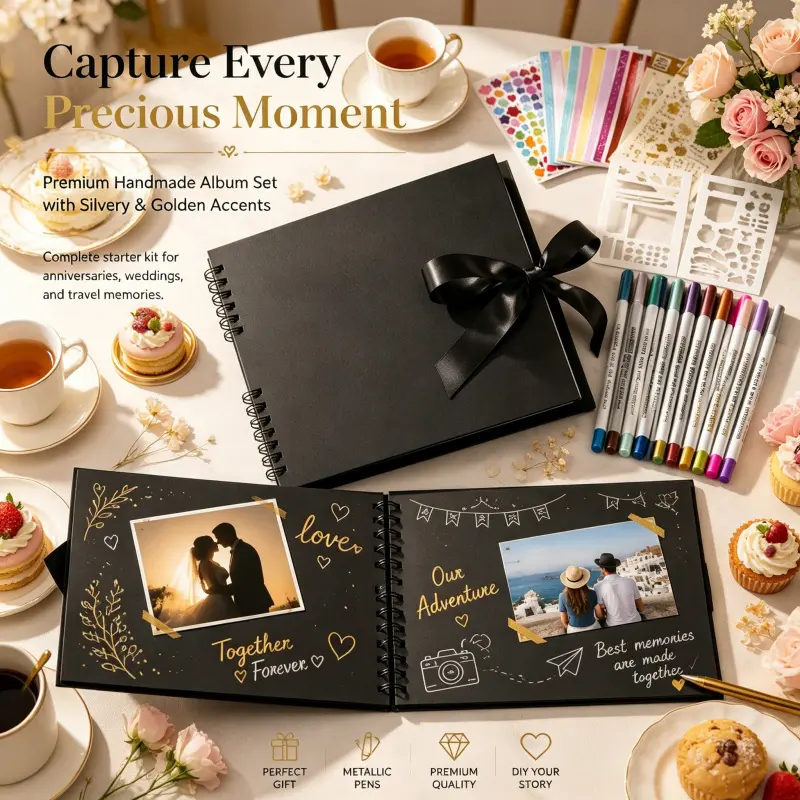 DIY Precious Moment Memory Book Kit Black Spiral Scrapbook Album With Ribbon Metallic Markers Decor Stickers Stencils Wedding Gift