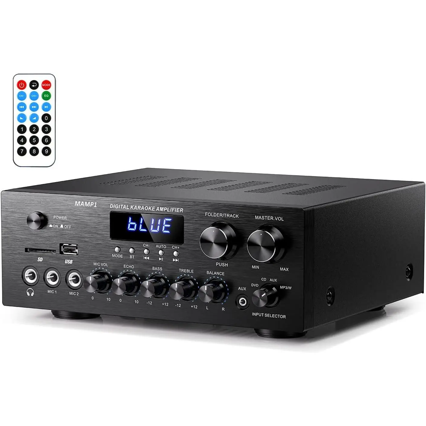 Stereo Receivers with  5.0, 2.0  Power Audio Amplifier Stereo System w/USB, SD, AUX, , MIC in w/Echo, LED for Karaoke,  Theater Speakers, 400W , 25W× 2 RMS- MAMP1, Smartphone, Radio, Remote Control