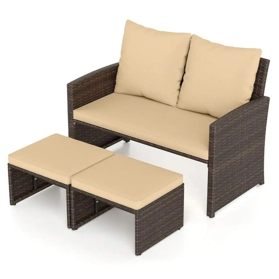 Loveseat W/ Ottomans Set Of 3 Patio PE Wicker Furniture Set W/ Cushions Outdoor Beige,table,,Happy,Halloween,Letter,Balloon,silver,gray,,conversation,,soft,,lbs,adjustable,dumbbell,tempered,glass,rattan,chair,