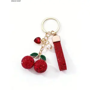 Women's Rhinestone Cherry Heart Alloy Keychain, Sparkly Fruit Pendant Fashion Accessory for Handbags, Backpacks, Keychains for Women