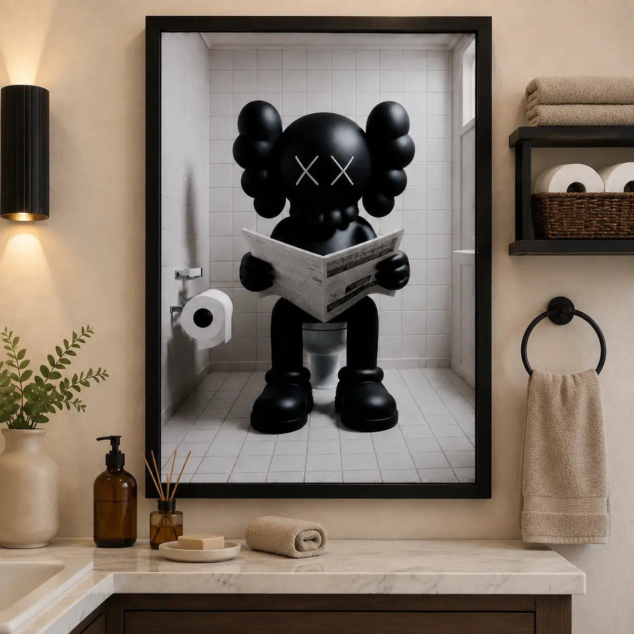 Funny Black Cartoon Character Bathroom Canvas Wall Art Poster,Reading Newspaper on Toilet Poster,Modern Street Art Restroom Decor, Humorous Home Gift