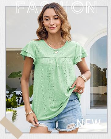 Women's Summer Tops Crewneck Eyelet Ruffle Short Sleeve Blouses Casual Babydoll Shirts 2025 S-2XL Lightweight Soft Knitted Fabric Trendy Babydoll Style
