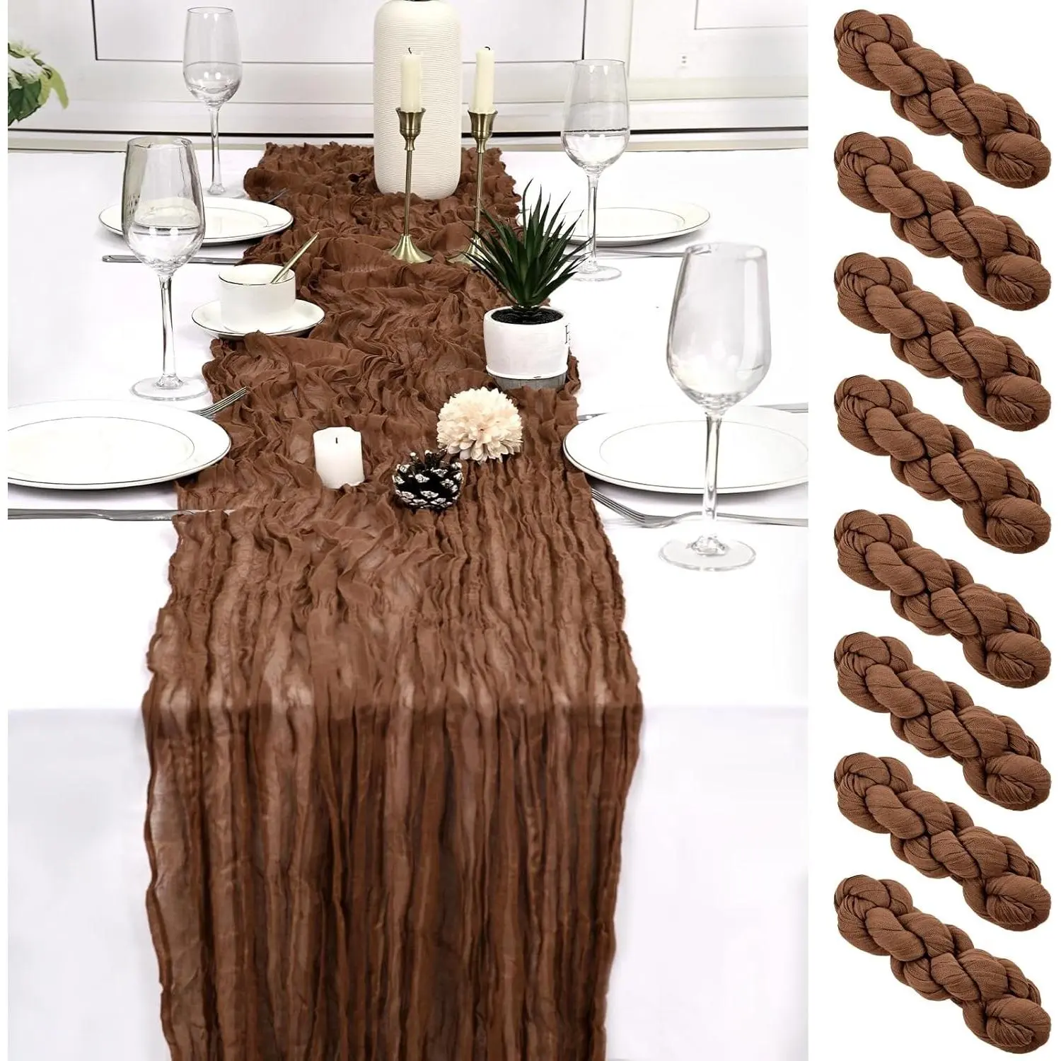 8 Pack Brown Cheesecloth Table Runner 17x108 inch Boho Gauze Cheese Cloth Table Runners for Wedding Party Baby Bridal Shower Home Decor
