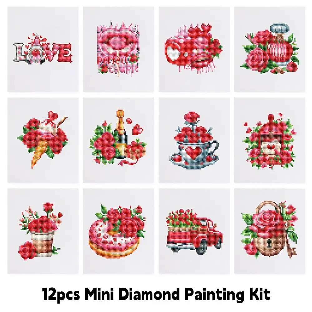 12-Piece Mini Diamond Painting Set, Love Romantic Rose Floral Pattern, 15x18cm Full Drill Art Kit, DIY Wall Decor, Beginner Friendly, Home Decoration Gift