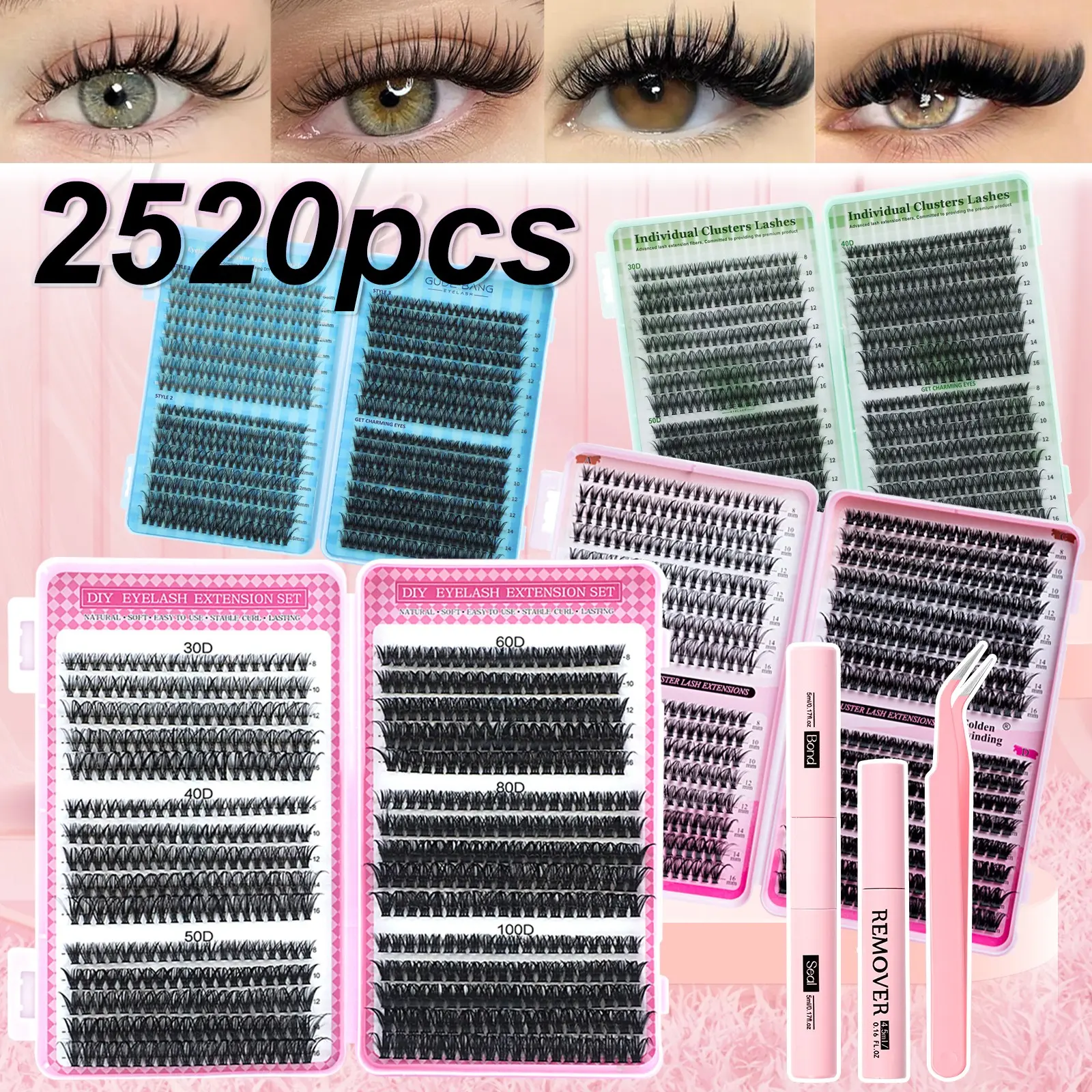 Natural False Lash Extension Kit, DIY Lash Set with Tweezers and Glue, Dense D Curl Lashes, Mixed Length, Non-Toxic, 0.07mm Thickness