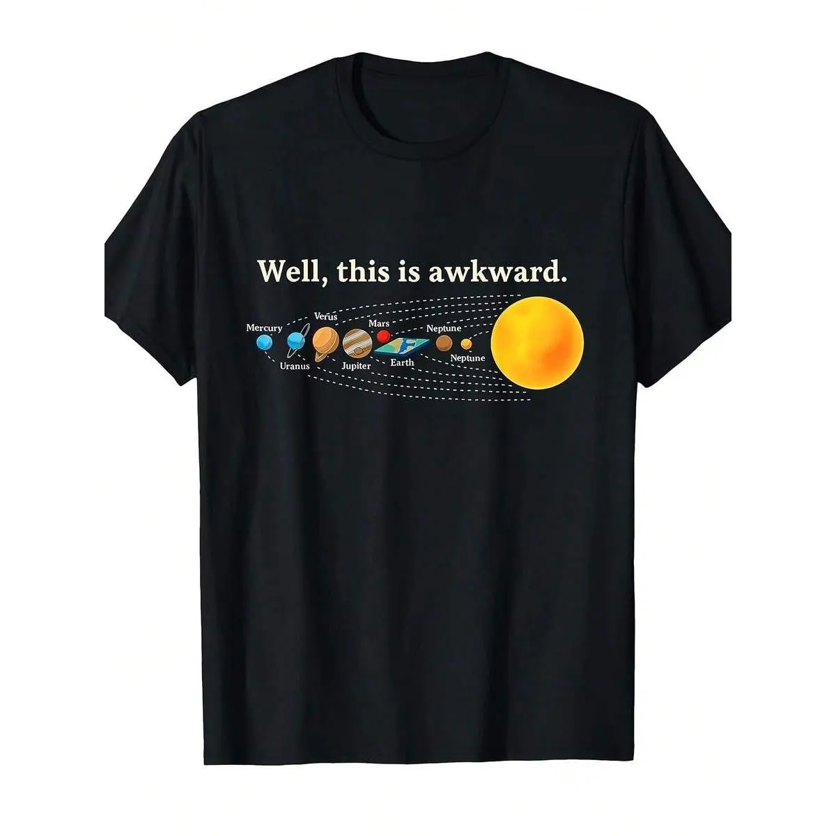 Funny Solar System Graphic T-Shirt "Well This Is Awkward" Space Planet Print Round Neck Short Sleeve Casual Top For Men Women