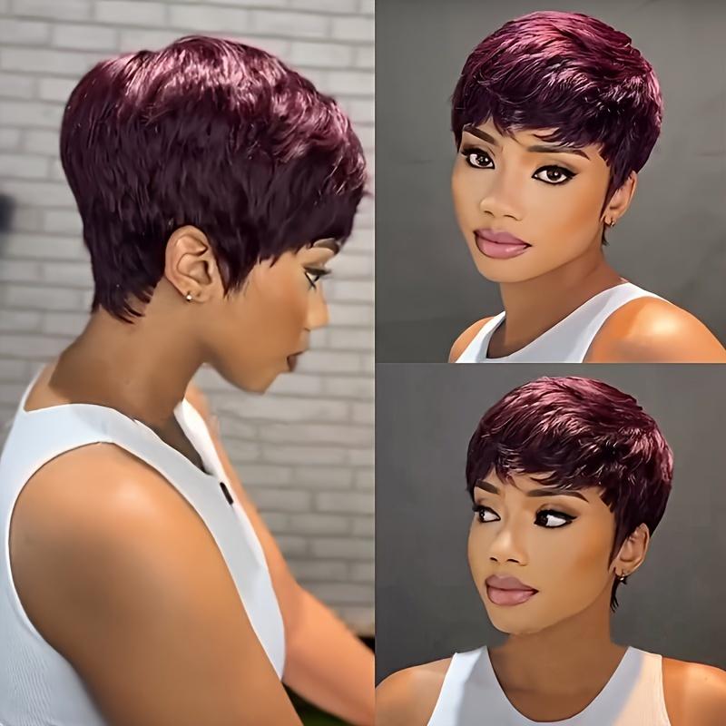 Chic 6-Inch Pixie Cut Wig with Bangs in Vibrant Red 99J Burgundy - 180% Density Brazilian Remy Human Hair, Perfect for Halloween & Cosplay, Layered Wigs, Comic Exhibitions