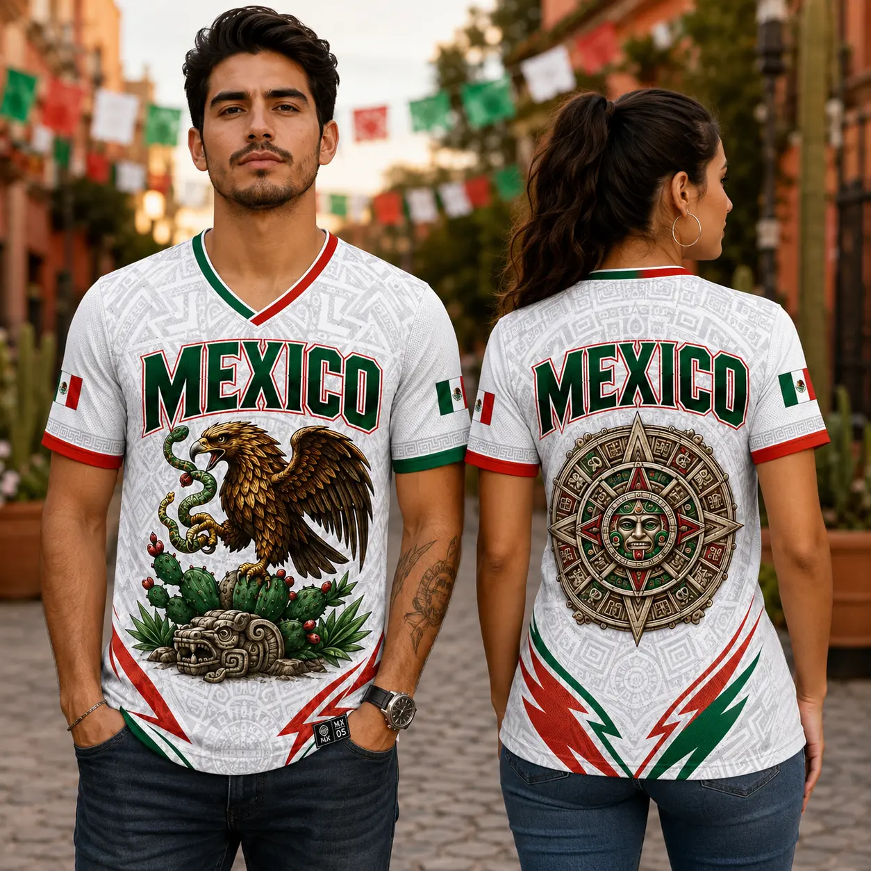 Men's Mexico Graphic T-Shirt, V-Neck with Aztec Eagle Design and Calendar Back Print, Casual Game Day Fan Wear, Mens Clothing, Mexico Shirt