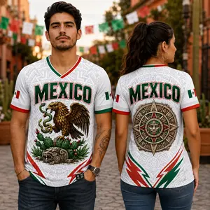 Mexico-Inspired White V-Neck Graphic Sports Shirt for Men, Eagle Serpent Cactus Design, Aztec Calendar Mask Back Print Casual Tee