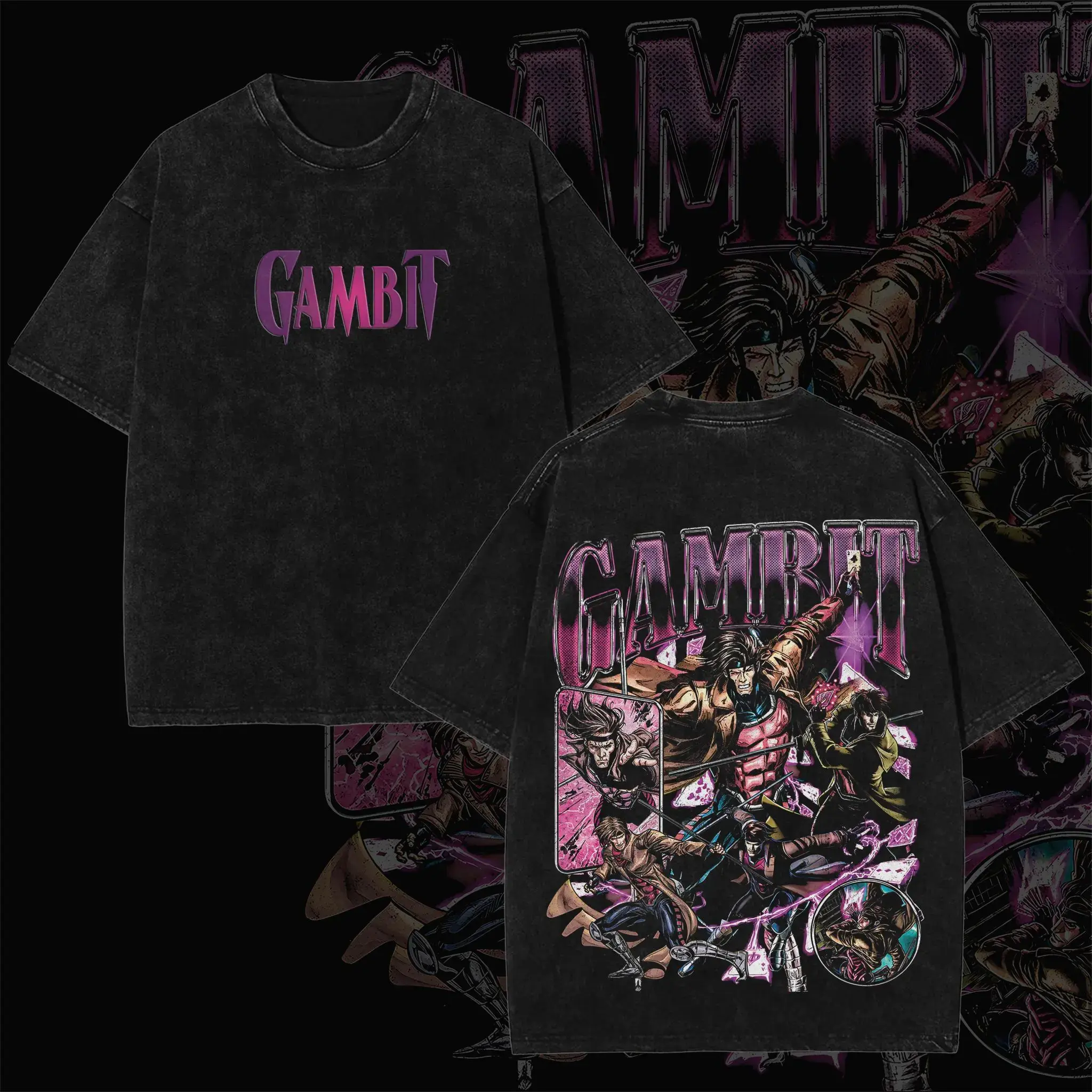 Retro Gambit Gradient Purple Text Front Logo & Multi Panel Hero Action Collage Back Graphic Dual-Sided Vintage Washed Black T-Shirt, Unisex Oversized Heavyweight Cotton Streetwear Top, Ideal Gift for Gambit Fans