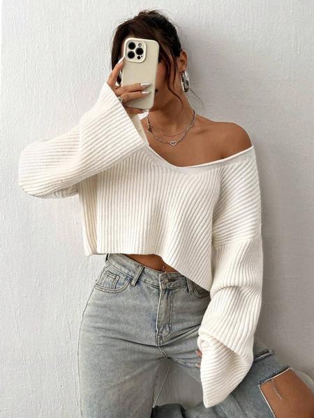 Casual Solid Color V Neck Drop Shoulder Crop Ribbed Knit Sweater