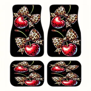 4pcs Leopard Print Bow And Cherry Pattern Car Floor Mats Set, Universal Protection And Front/Rear Floor Mats, Car Interior Additions, Fashionable Cherry Bow Print Pattern, Interior Accessories For Car