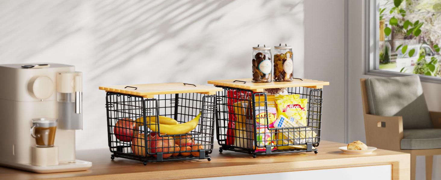 Wire Storage Basket for Kitchen Pantry: GGIU Stackable Kitchen Counter Organizers - Wire Organizing Bin for Produce Vegetable Potato and Onion Black