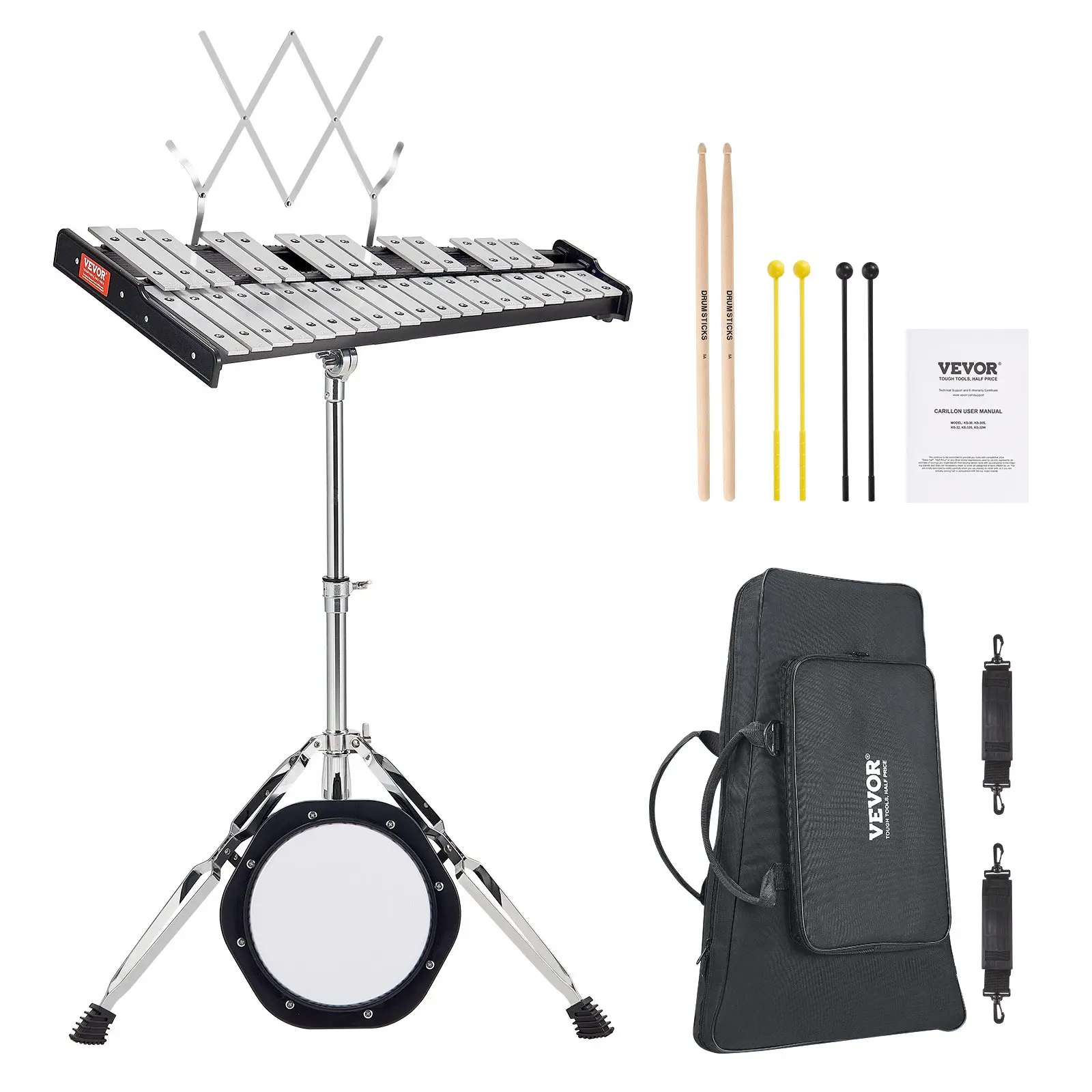 VEVOR 32-Note Glockenspiel Xylophone Bell Full Set, Professional Percussion Instrument with Mallets, Drumsticks, Music Stand, 8" Practice Pad, Adjustable Stand, Carrying Bag (13.8 lbs, F5-C8 Range) for Students (Band Performances), Crisp Tone, 23.8 X 14 X