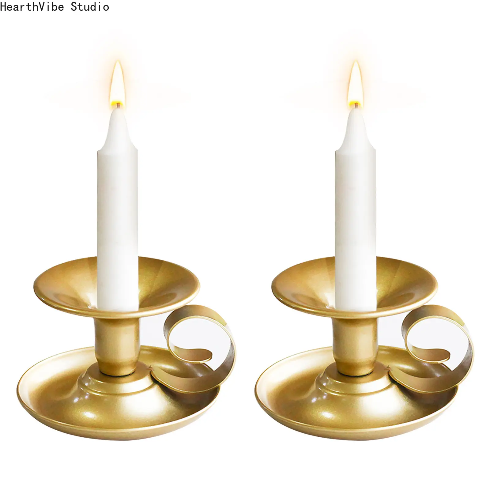 Vintage Iron Taper Candle Holders - Set of 2 Brass Gold Finish Chambersticks with Curved Handle for Wedding Camping Table Decor, Candle Holders For Candlesticks, For Wedding Table Decor, Decoration Items