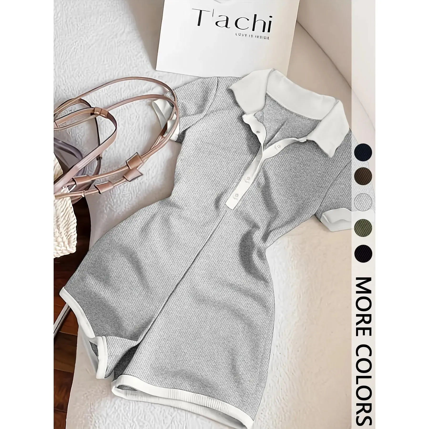 Stylish Warm Pullover, Casual Polo Neck Romper with Contrast Trim, Fitted Short Sleeve Knitted for Summer, Comfortable and Trendy Clothes, Waist Cinching, Wardrobe Essential, Lightweight, Fashion, Relaxed Fit, Comfy