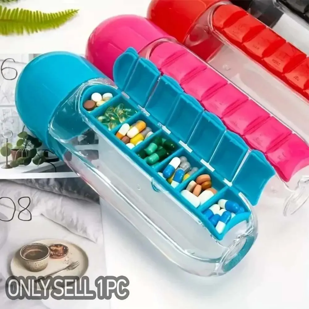 2-In-1 Pill Organizer Water Bottle, 600ML 7 Compartments Outdoor Capsule Cup, Multi-Functional Dual Water Cup Medicine Box Dispenser, Portable