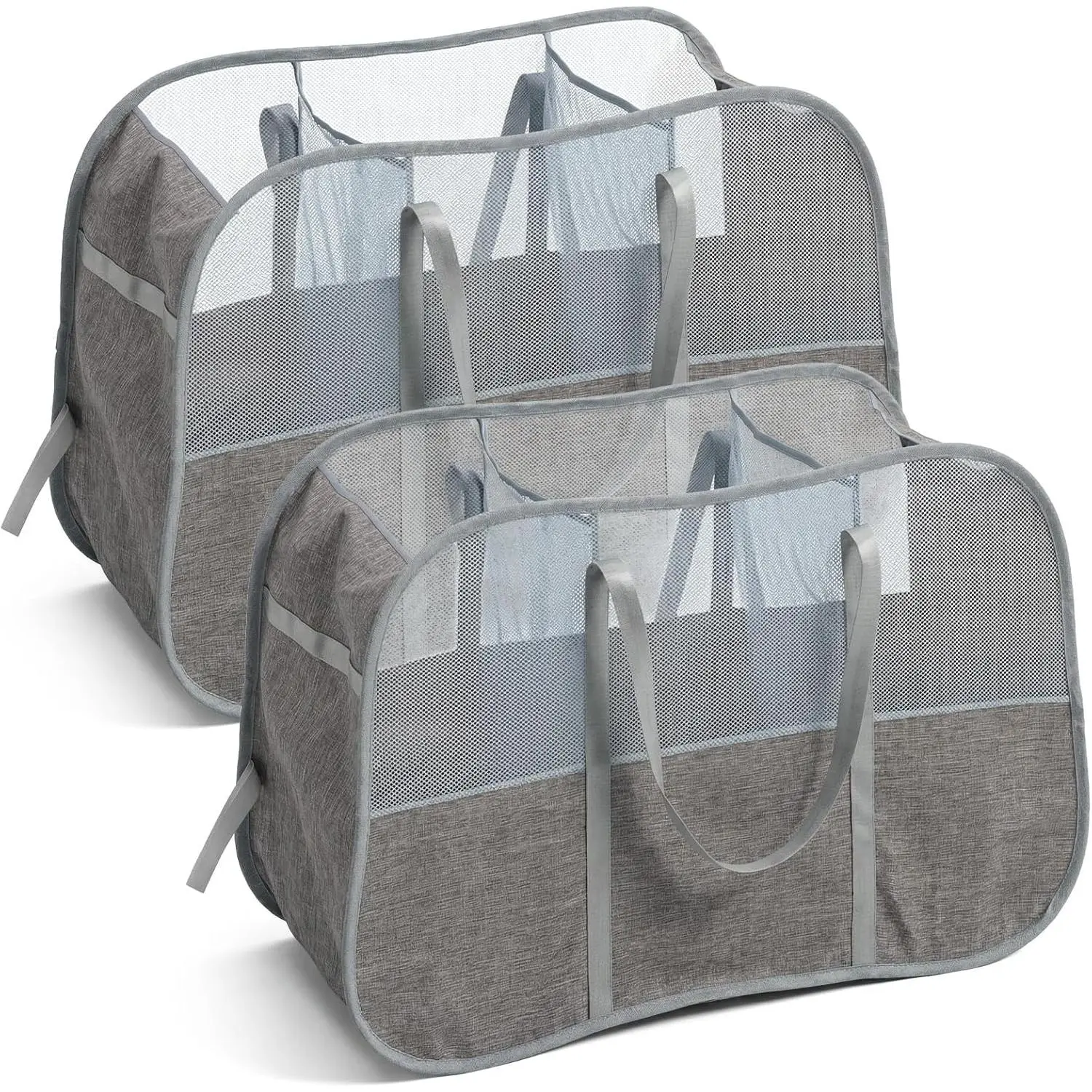 2 Pack Foldable Laundry Baskets with Handles, 95L Tear Proof Pop Up Clothes Hamper Easy to Carry Durable Foldable Laundry Basket for Home, Bedroom, Dorm, Travel (Grey)