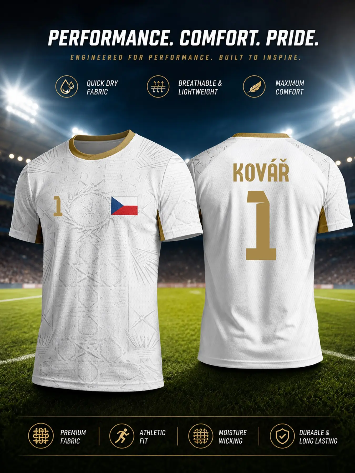 Czech Republic 2026 Men's Football Jersey - White and Gold - Quick-drying Fabric Sportswear - Czech Fan Apparel - Breathable Top and Lightweight T-shirt