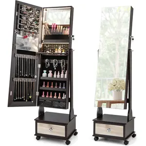 Rolling Jewelry Armoire with Full Length Mirror, Lockable Standing Jewelry Cabinet Organizer with Wheels & 3-Color Lights, Mirror with Jewelry Storage, Drawers & Shelves (Rustic Brown)