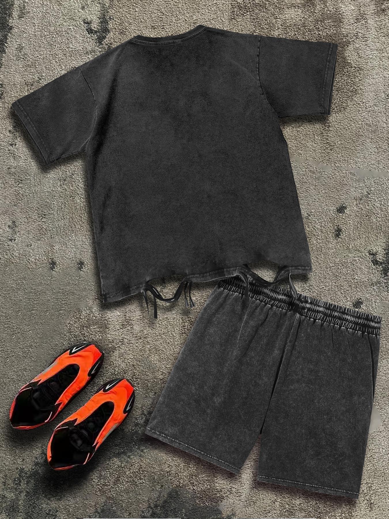 Men's Letter & Graphic Print Short Sleeve Tee & Shorts Two-piece Set, Round Neck T-shirt & Track Shorts, Casual Fashion Cozy Breathable Men Two-piece Outfits for All Seasons, Sets for Men Clothing, Cotton, Menswear, Outfit Suit Set, Matching Lounge Sets