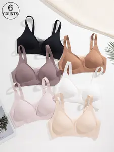 6 Pack / 6 colors Solid color wireless seamless women's underwear With chest pad, adjustable straps, seamless sports back vest Sizes S-XXL Four-row three-hook V-neck sexy mesh design underwear Daily casual / commuting / dating Seamless jelly women's bra