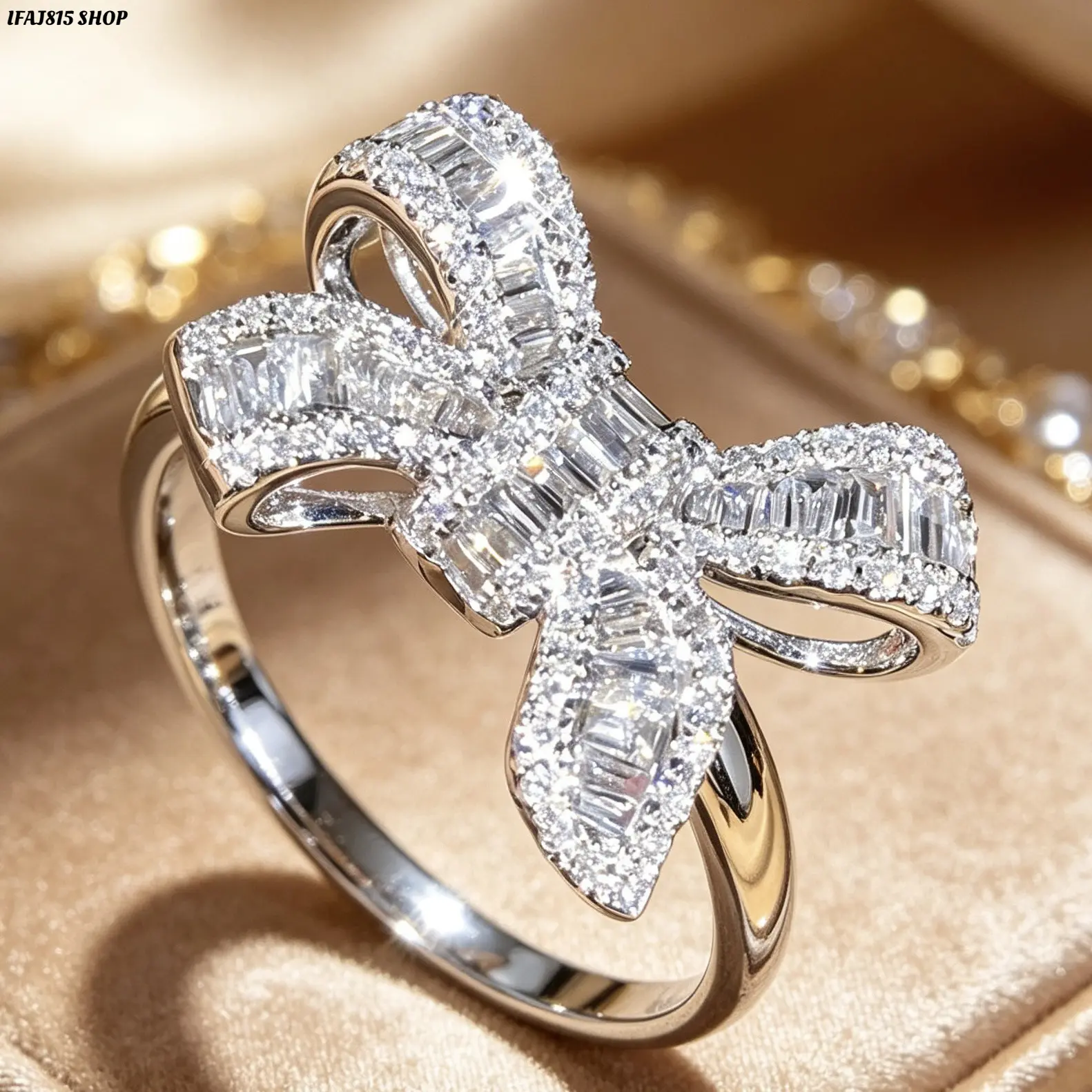 Trendy Bow Ladder Diamond Ring for Women, Luxury CZ Rhinestone Statement Jewelry with Elegant Sparkling Design, Vintage Inspired Fashion Ring, Adjustable Wedding Engagement Style Accessory for Party, Daily Wear & Gift