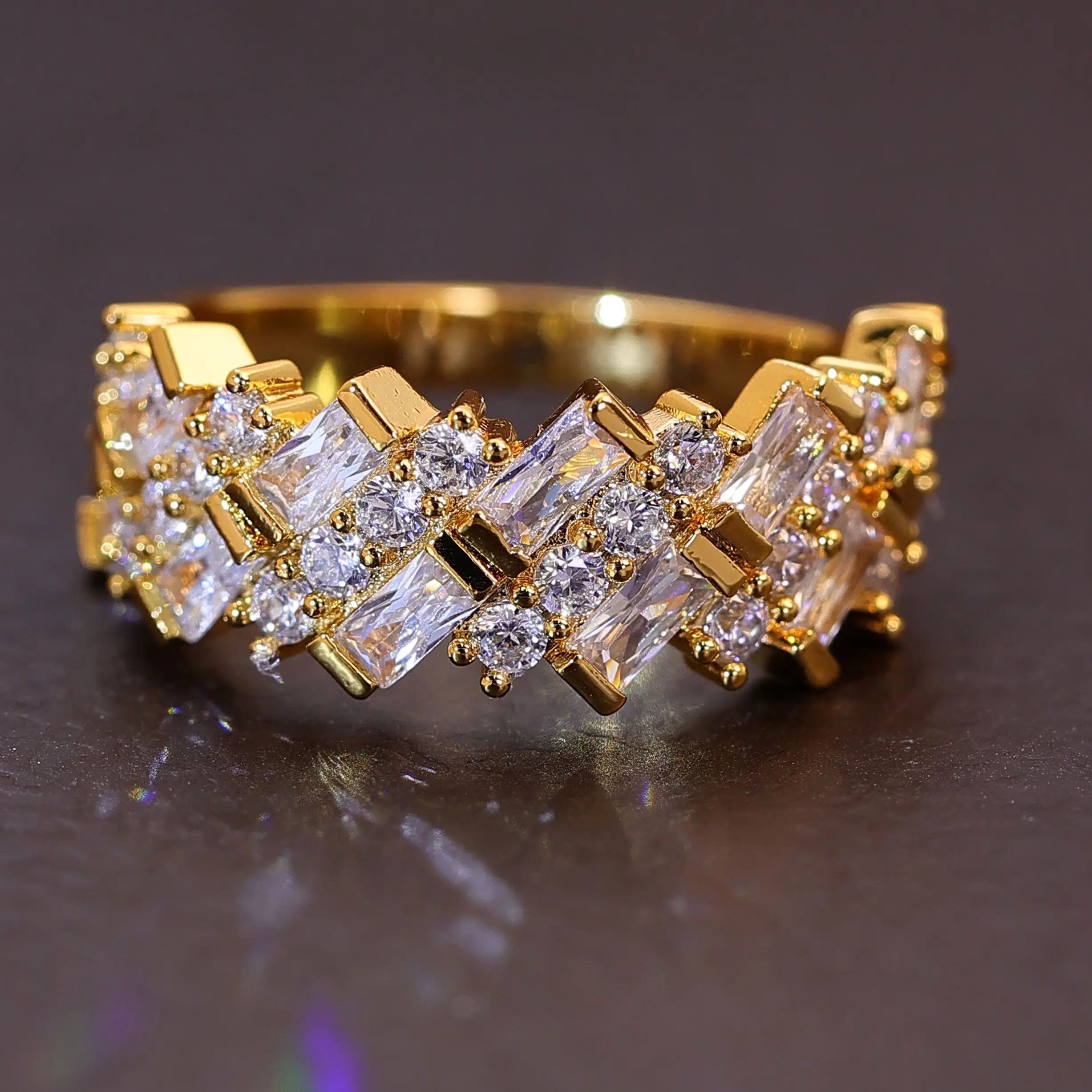 Luxury Statement Promise Ring, Golden-Tone Baguette-Cut Band with Intricate Design, Elegant Bridal Jewelry for Weddings, Engagements, Parties & Everyday Wear