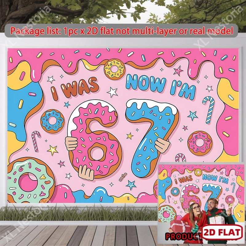 2D Flat, 2D Flat Banner, 1pc Donut-themed Birthday Card with Numbers "67" Background Cloth Decoration, Art Decoration, Suitable for Gifts, Parties, Living Rooms, Apartments, Bedrooms, Dormitories, Home Decorati