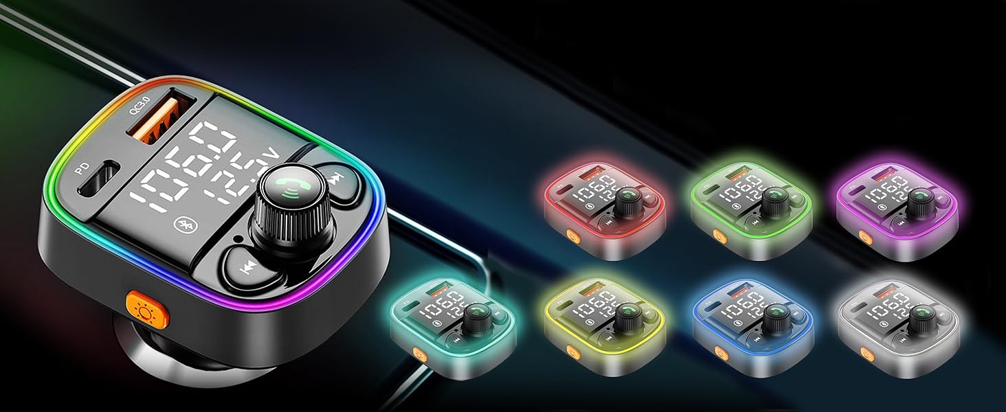 Bluetooth 5.4 Car Adapter, FM Transmitter with 42W Fast Charging (QC3.0/Type-C), Dual LED Display, HiFi Bass, Handsfree Calls, TF/USB Player & 7-Color Backlit