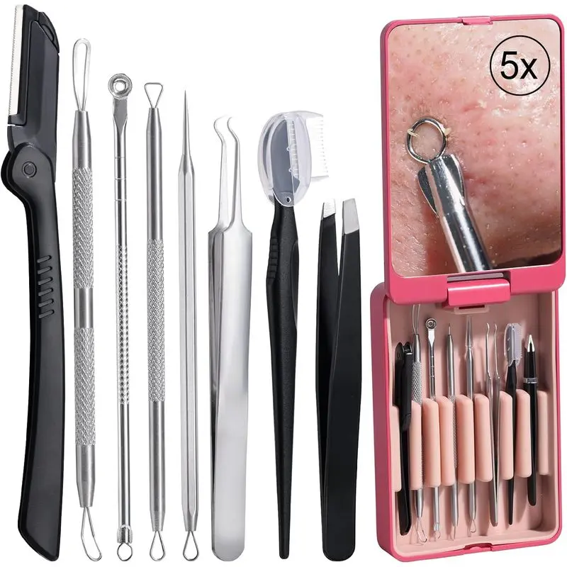 Blackhead Remover Tool, Pimple Squeezer, Acne Treatment Set and Eyebrow Trimmer Set, 8-piece set, with 5x magnifying glass (silver): Beauty and Personal Care