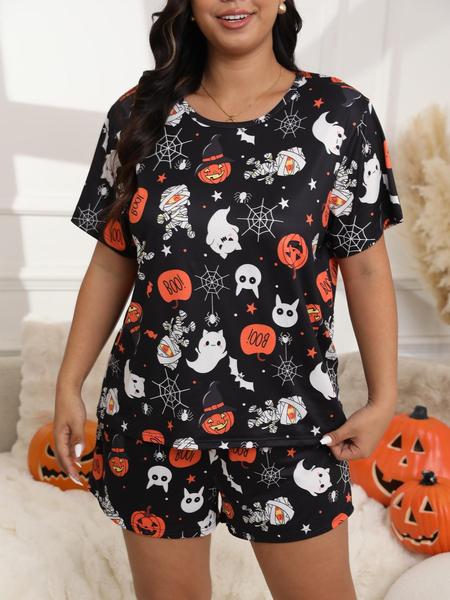 【Plus Size】Halloween Skull Ghost and Pumpkin Print Tee & Elastic Waist Shorts Pyjama Two-piece Set, Casual Comfy Round Neck Short Sleeve T-shirt & Shorts Pj Set, Women's Sleepwear for Fall